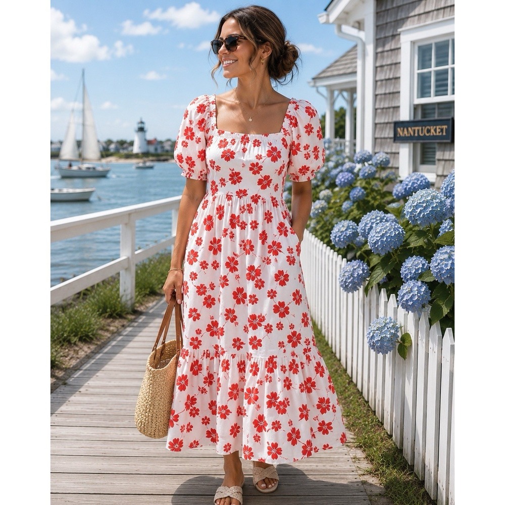 J.Crew Factory Dress‎ M White Red Hawaiian Floral Midi Tropical Pockets - Picture 2 of 8